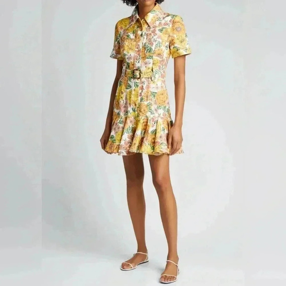 Zimmermann Poppy Belted Mini Dress 0 US4 Linen Short Sleeve Floral Shirt Dress - Picture 11 of 15